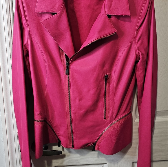 Elie Tahari Fuschia real leather biker jacket Size L - Picture 7 of 11